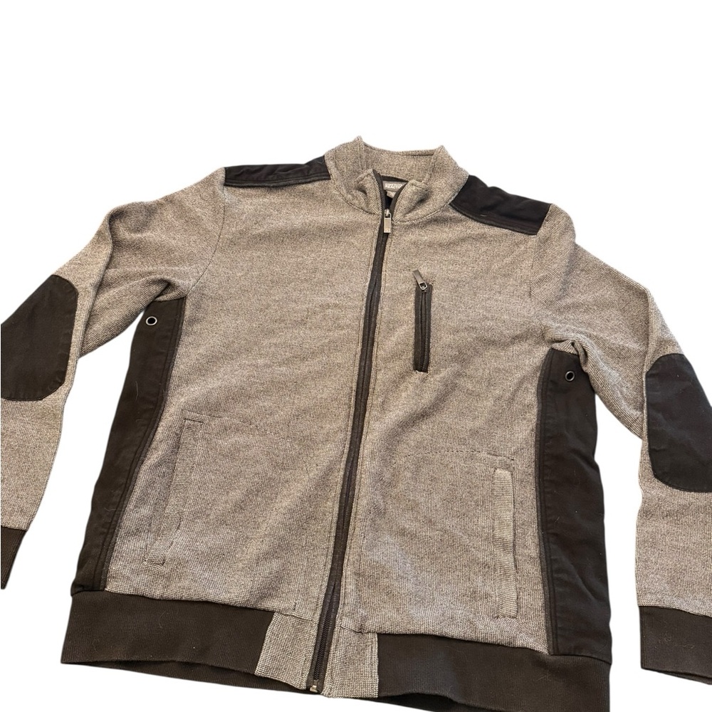 Kenneth Cole Mens Knit Bomber Jacket Gray Black Marled Zip Up Elbow Patch‎ XXL